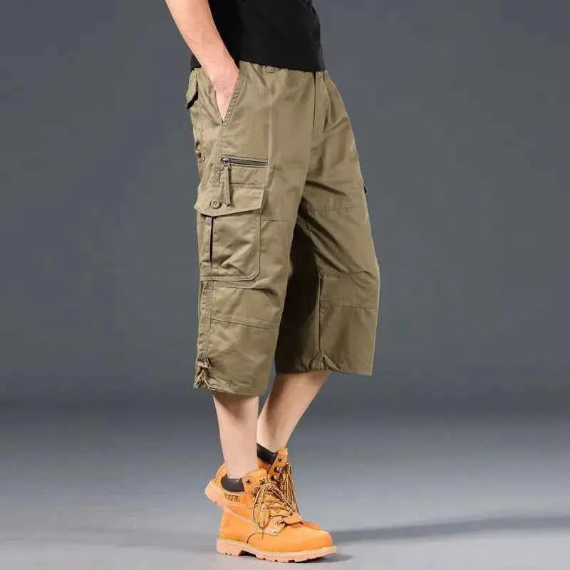 Knee Length Cargo Shorts Men's Summer Casual Cotton Multi Pockets Breeches Cropped Short Trousers Camouflage Shorts