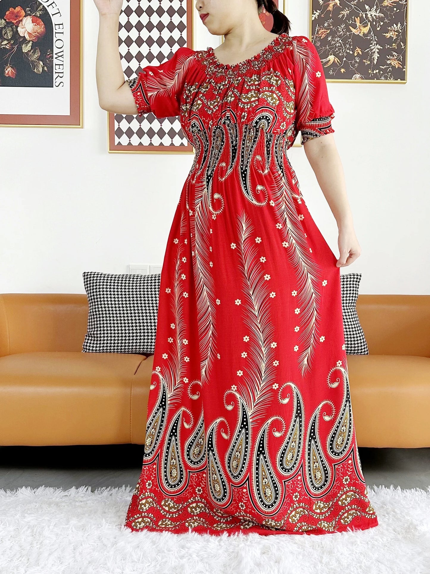 New Summer Women Abaya Short Sleeve Dashiki Floral Collect Waist Loose Maxi Robe Floral Femme Musulmane African Printing Abaya