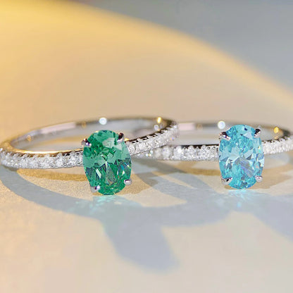 Genuine S925 Silver Ring for Women 1 Carat Oval CZ Green or Blue Center & Round Accents Engagement Wedding Anniversary Jewelry