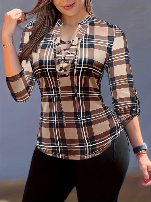 Plus Size 1XL-5XL Women's Fashionable Plaid Printed Waistband Tops Shirt Women Casual Spring V-neck Elegant Shirt Clothing