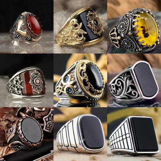 New retro Turkish handmade silver color men rings,