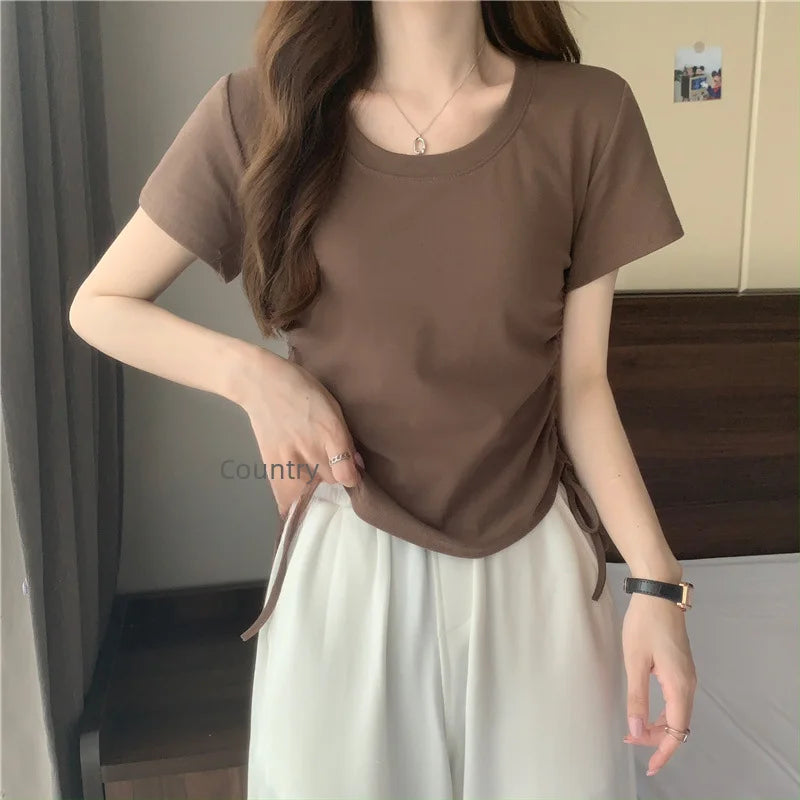 Drawstring Short Sleeve T-shirt Women Spring Summer Spicy Style Slim Fit Short Unique Top M L Xl 2XL Korean Casual Style - AMULET RING STORE