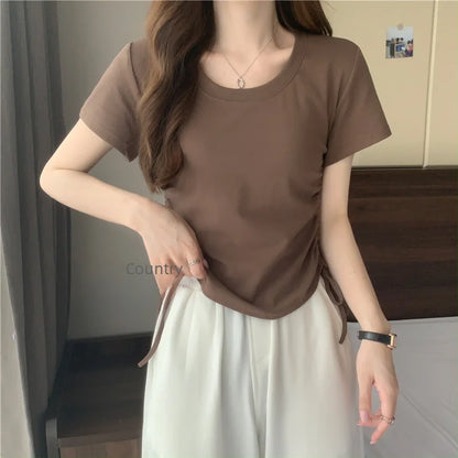 Drawstring Short Sleeve T-shirt Women Spring Summer Spicy Style Slim Fit Short Unique Top M L Xl 2XL Korean Casual Style - AMULET RING STORE