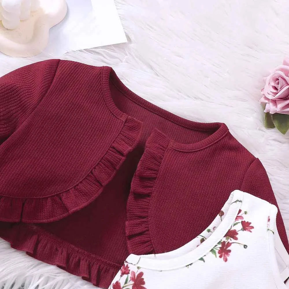 2 Pcs Kids Casual Dress Sets For Girls Clothes Autumn Winter 2024 New Child Long Sleeve Cardigan Coat Floral Print Tank Dress