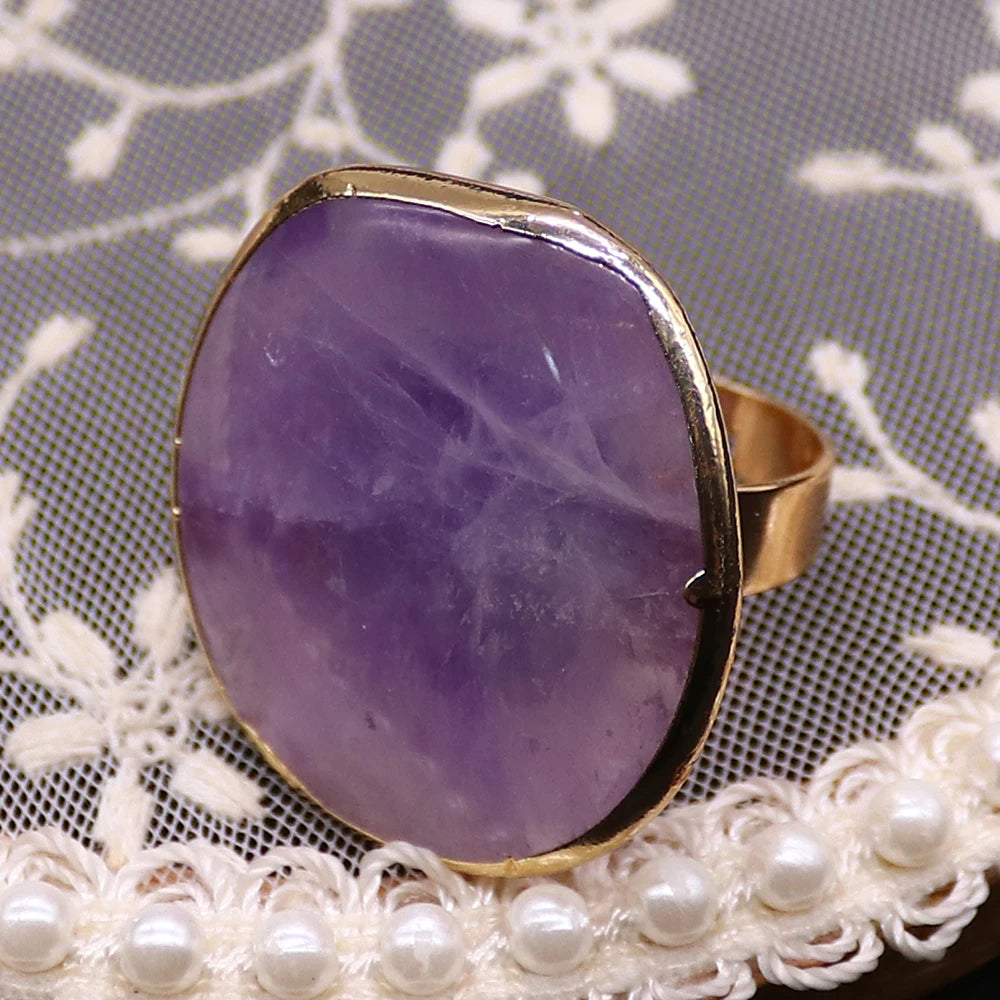 Irregular Natural Amethyst Rings Open Adjustable Green Aventurine Agate Finger Ring for Women and Men  Fashion Jewelry Ring Gift