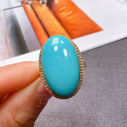 Original design Large oval turquoise rings for women Classic ethnic style Simple blue engagement banquet jewelry adjustable