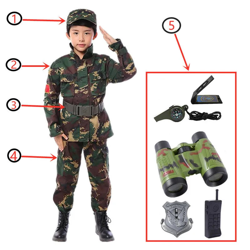 Kids Soldier Costume for Kid Party Army Costume camouflage Costumes for Boys Jungle Field Sniper Set with Pistol Compass Whistle