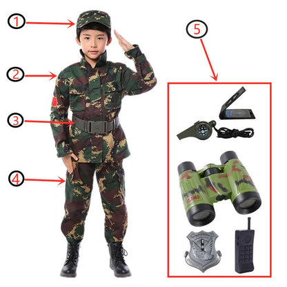 Kids Soldier Costume for Kid Party Army Costume camouflage Costumes for Boys Jungle Field Sniper Set with Pistol Compass Whistle