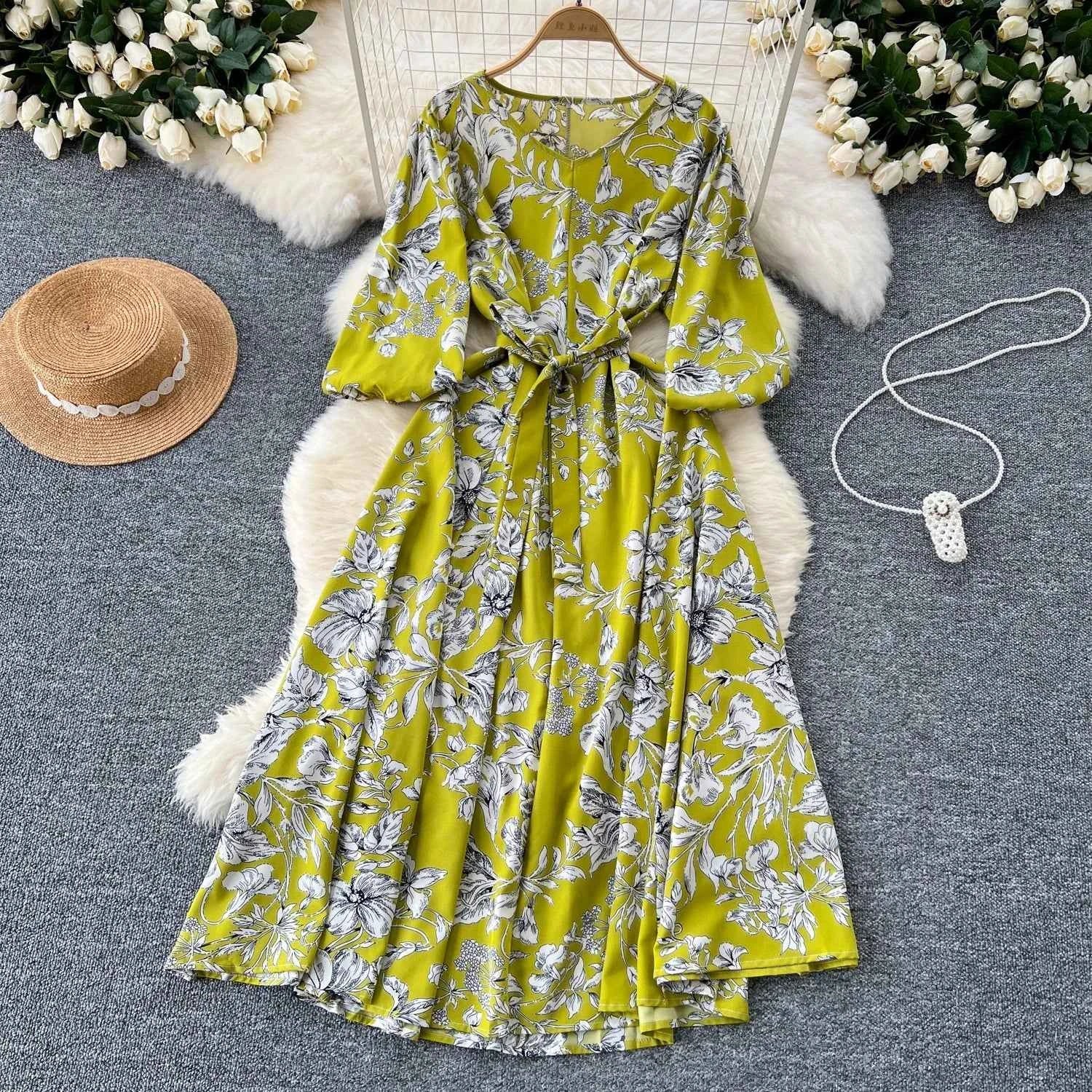 Elegant Boho Floral Print Floral Pleated Maxi Long Dress Female V Neck Puff Sleeve Belt Dresses Women Summer Dress Robe