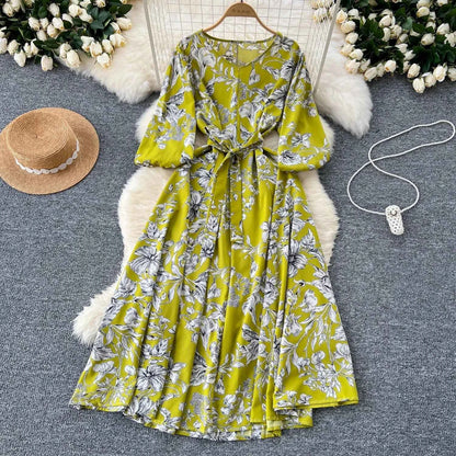Elegant Boho Floral Print Floral Pleated Maxi Long Dress Female V Neck Puff Sleeve Belt Dresses Women Summer Dress Robe