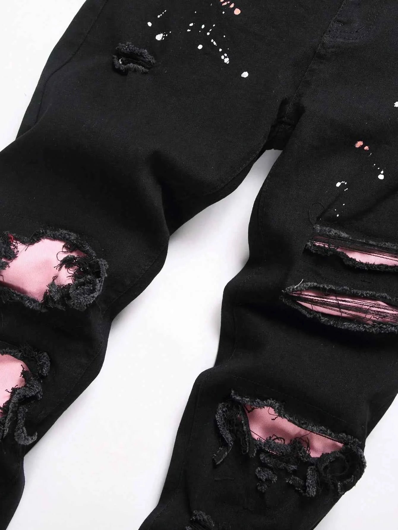 Men y2k Stretchy Skinny Denim Jeans For Men Casual pants Ripped Patchwork Hole Slim Fit Denim Hip Hop Black Straight Trousers