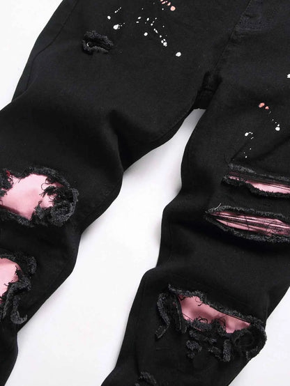 Men y2k Stretchy Skinny Denim Jeans For Men Casual pants Ripped Patchwork Hole Slim Fit Denim Hip Hop Black Straight Trousers