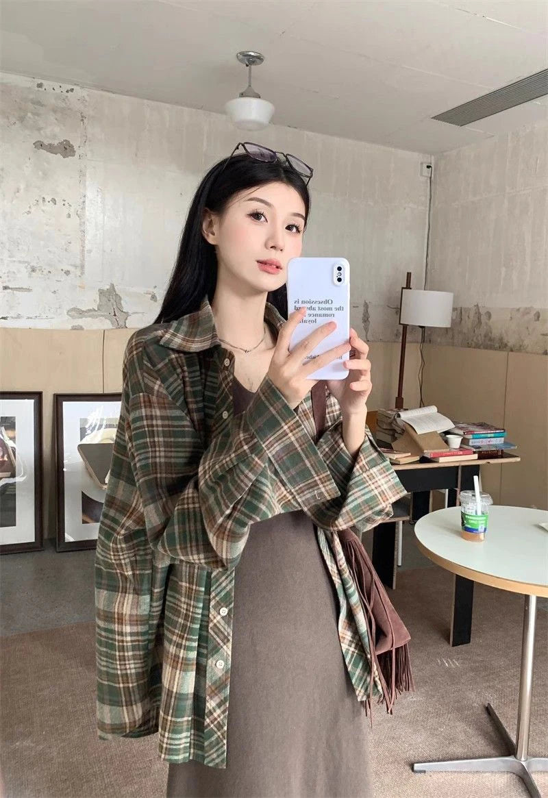 Zoki American Y2K Plaid Shirt Women Loose Streetwear Long Sleeve Vintage Blouse Casual Oversize All Match Female Spring Tops New - AMULET RING STORE