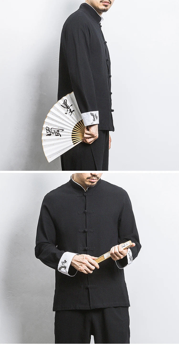 New Crane Embroidery Top Traditional Chinese Clothing for Men Vintage Half Sleeve Linen Shirts Solid Madarin Collar Hanfu Kungfu