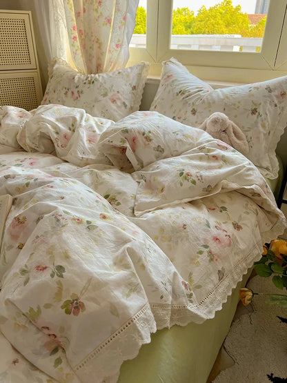 Washed Cotton Duvet Cover Sets Single/Queen/king Flower Printed Bedding Set Princess Style e housse de couette 220x240 with Lace - AMULET RING STORE