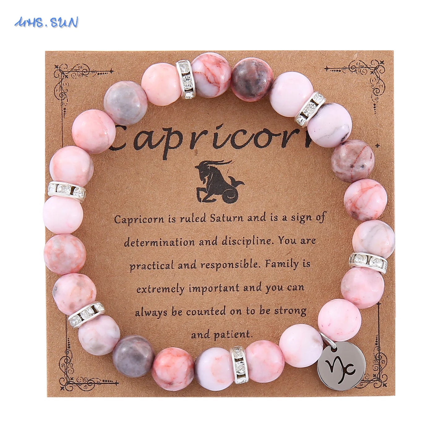 MHS.SUN 12 Star Zodiac Sign Pink Zebra Stone Beaded Bracelets Constellation Fashion Birthday Party Jewelry For Women Men