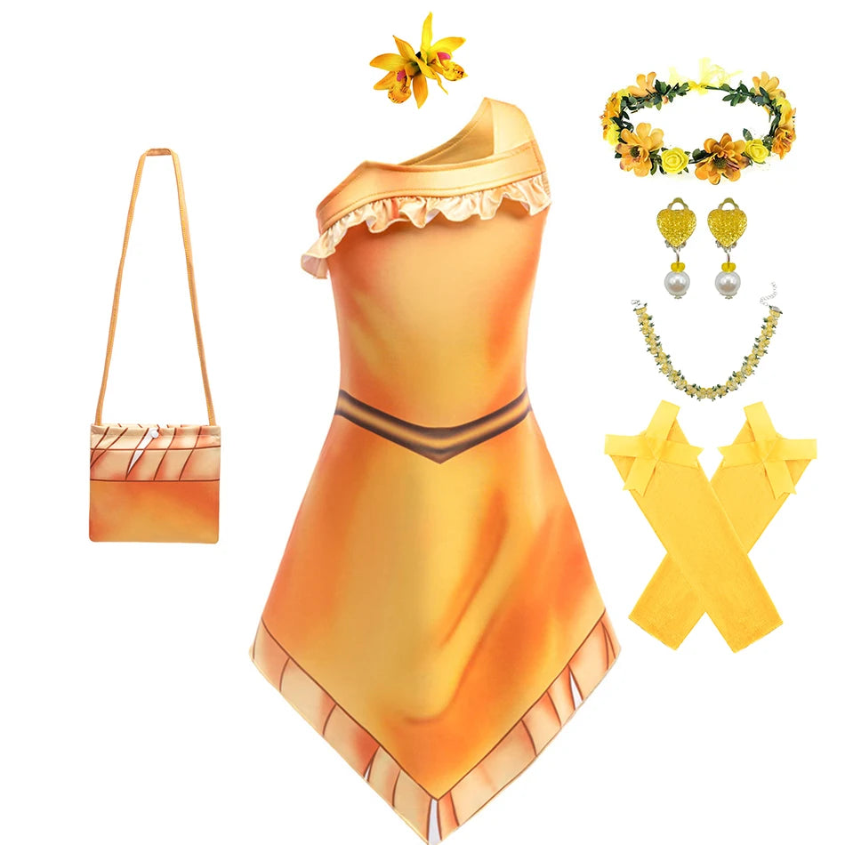 Indian Pocahontas Princess Cosplay Dress Girls Matoaka Halloween Party Disguise Costume Children Cartoon Movie Fantasy Outfits