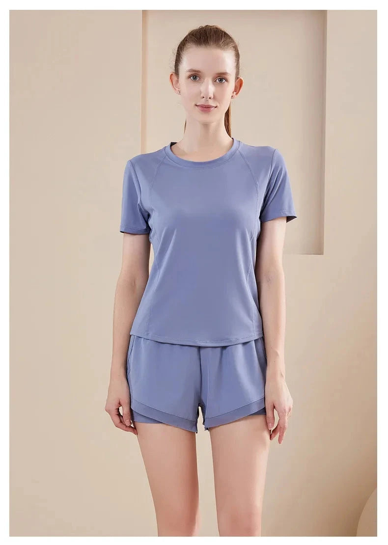 Yoga Set Women Sport T-Shirt Back Mesh Design High Waist Shorts Quick Dry Run Yoga Sports Short Sleeve Shorts Two-piece Yoga Set