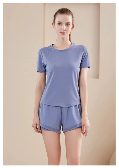 Yoga Set Women Sport T-Shirt Back Mesh Design High Waist Shorts Quick Dry Run Yoga Sports Short Sleeve Shorts Two-piece Yoga Set