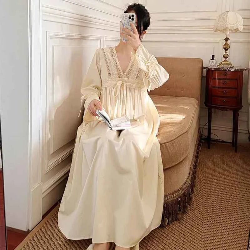Vintage Embroidery Cotton Long Nightgowns For Lady Lace  Long Sleeve Beige Elegant Nightshirts Comfortable Sexy Night Dress