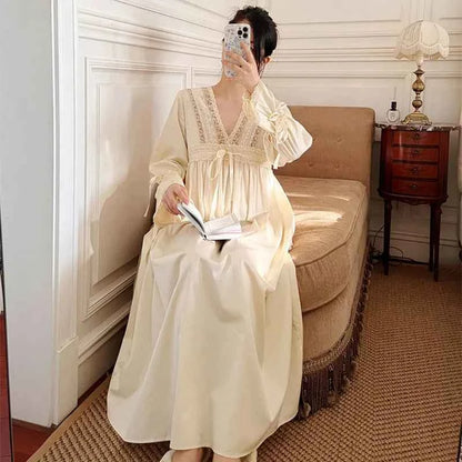 Vintage Embroidery Cotton Long Nightgowns For Lady Lace  Long Sleeve Beige Elegant Nightshirts Comfortable Sexy Night Dress