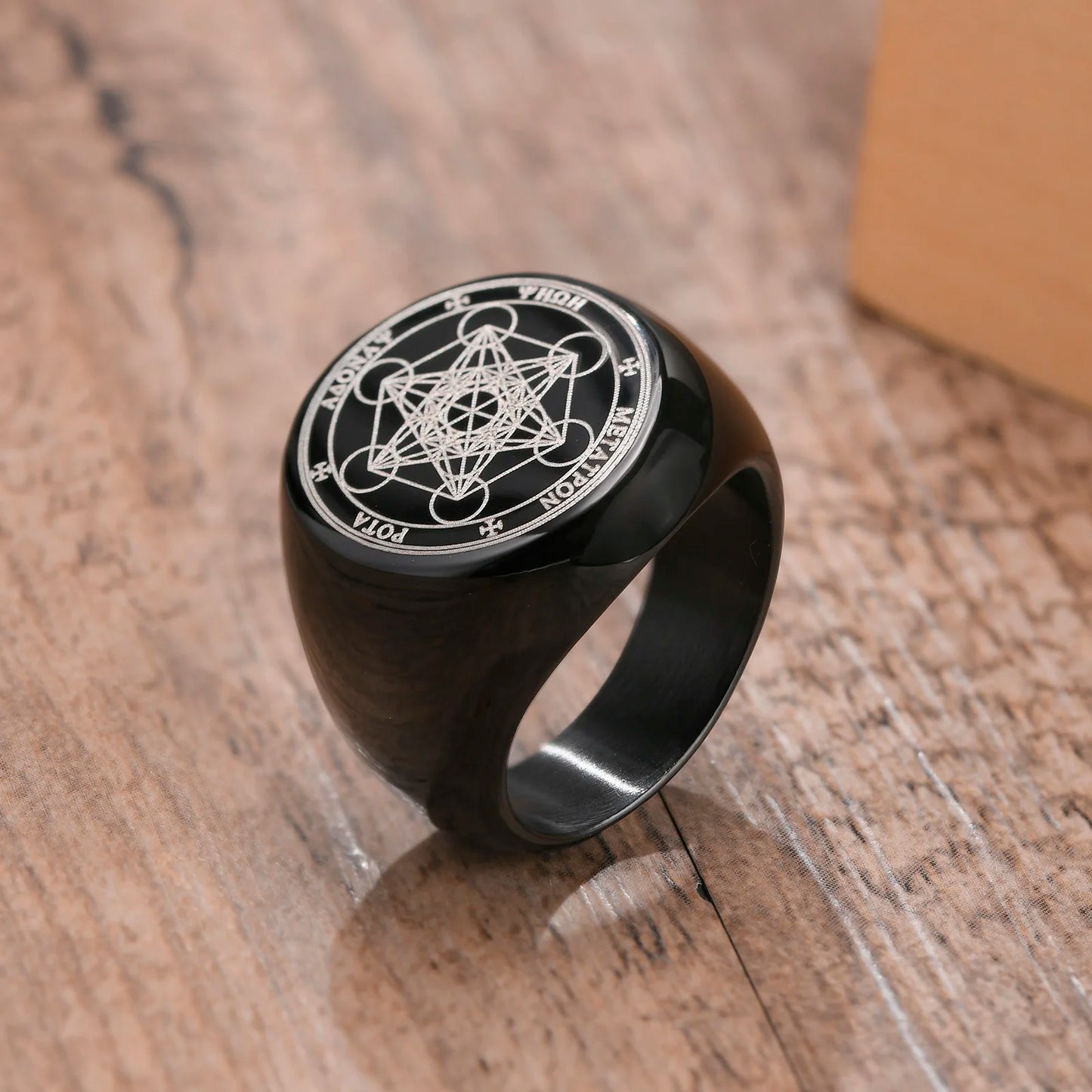 Vnox Seven Seals of Angels Rings for Men, Round Top Stamp Finger Band, Metatron Cube Stamp Ring, Chunky Punk Jewelry