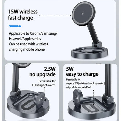 3 In 1 Foldable Wireless Charger Stand Pad Fast Magnetic Charging Station Dock for iPhone 15 14 13 12 Pro Max Mini Airpods 3/2