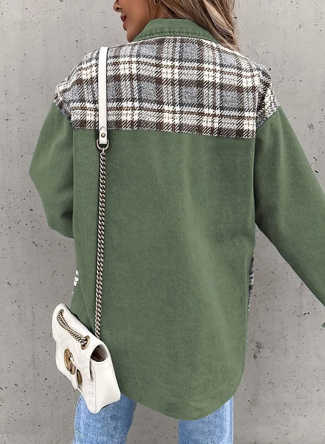 Autumn and Winter Long Sleeved Plaid Color Block Shaking Button Shirt Collar Denim Jacket for Women - AMULET RING STORE