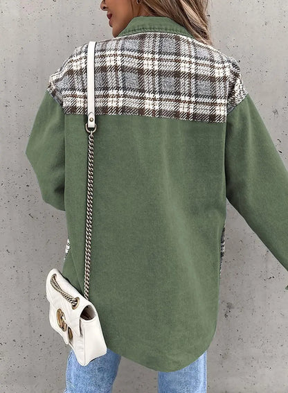Autumn and Winter Long Sleeved Plaid Color Block Shaking Button Shirt Collar Denim Jacket for Women - AMULET RING STORE