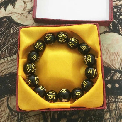 8/10/12/14mm Tibetan Buddhism Six Words Mantra Bracelets For Men Women Black Obsidian Amulet Lucky Bangles Jewelry with Gift Box