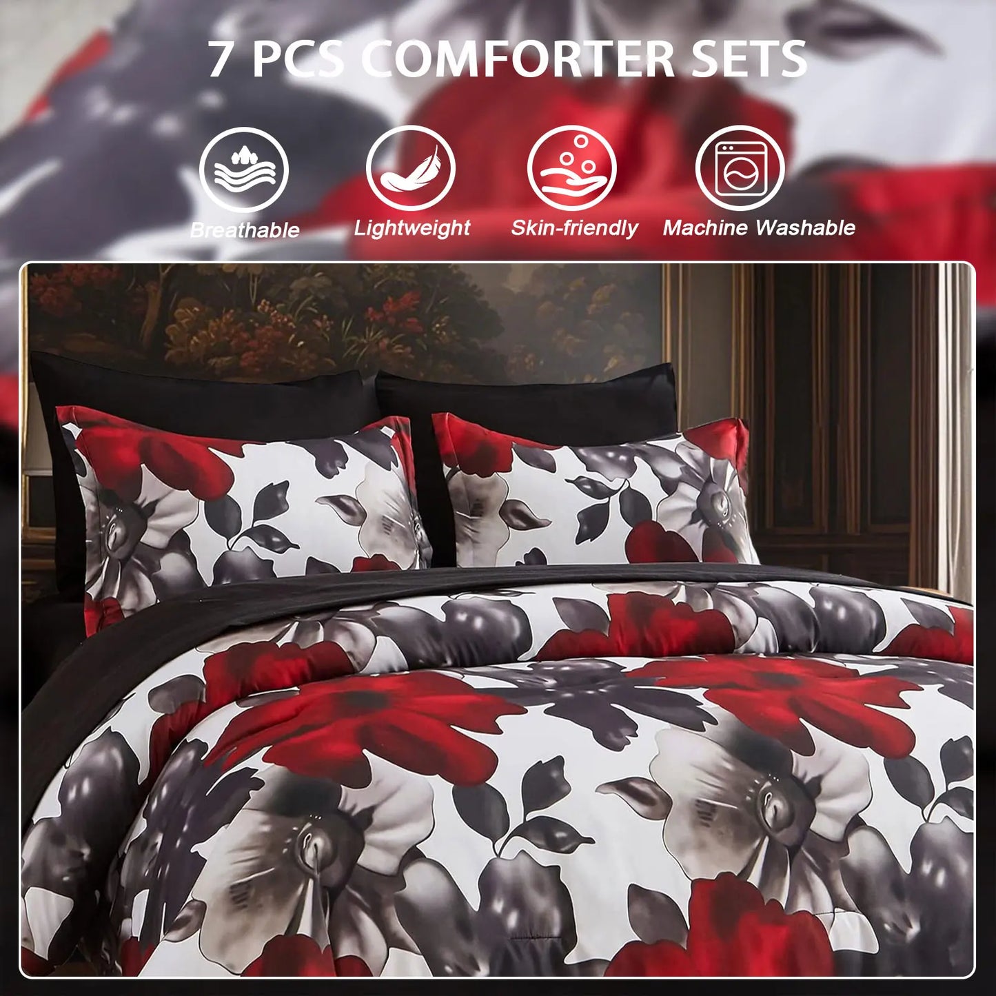 7-Pcs floral print comforter set, soft and comfortable, bedding set, room decoration, suitable for all seasons
