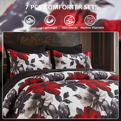 7-Pcs floral print comforter set, soft and comfortable, bedding set, room decoration, suitable for all seasons