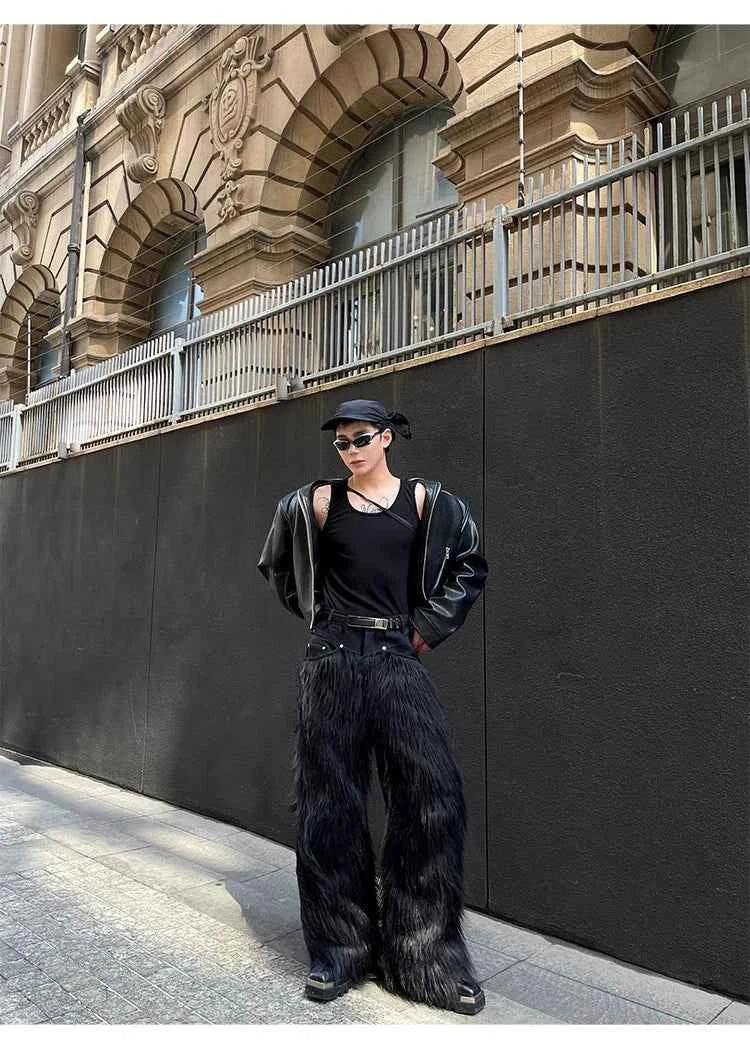 Mauroicardi Autumn Winter Long Black Thick Warm Hairy Shaggy Faux Fur Wide Leg Pants for Mens Luxury Designer Clothes Streetwear