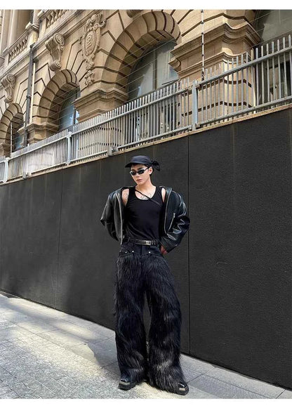 Mauroicardi Autumn Winter Long Black Thick Warm Hairy Shaggy Faux Fur Wide Leg Pants for Mens Luxury Designer Clothes Streetwear