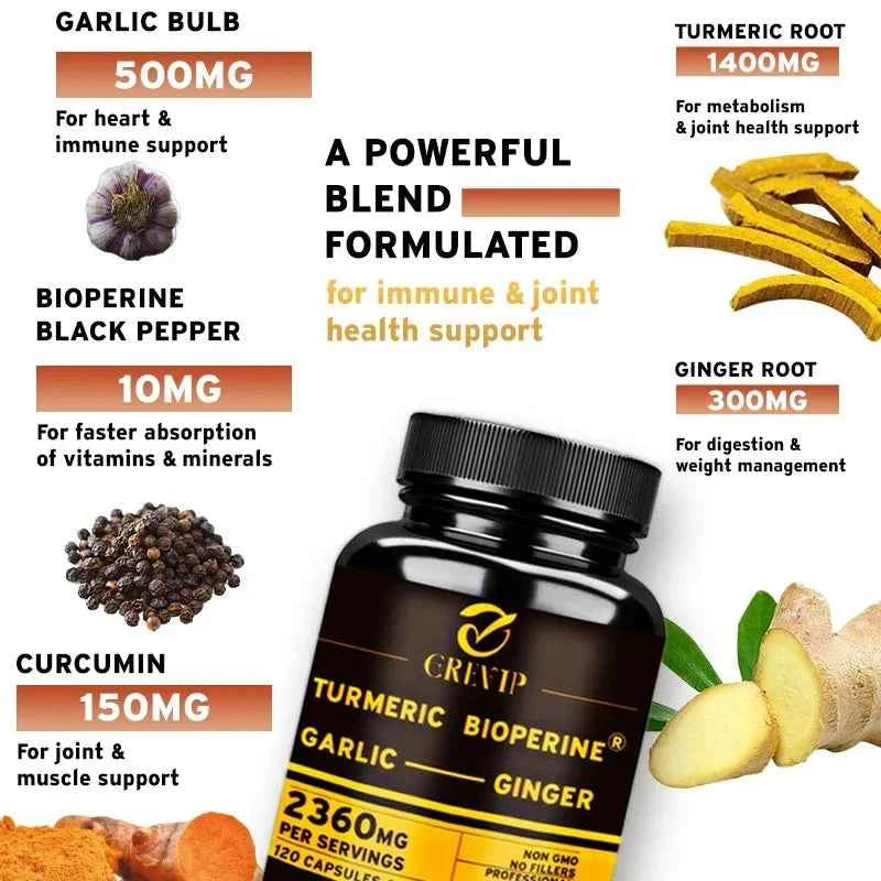 4-in-1 Turmeric Ginger Supplement - with Garlic Curcumin Black Pepper - Joints, Immune Support, Improves Digestion