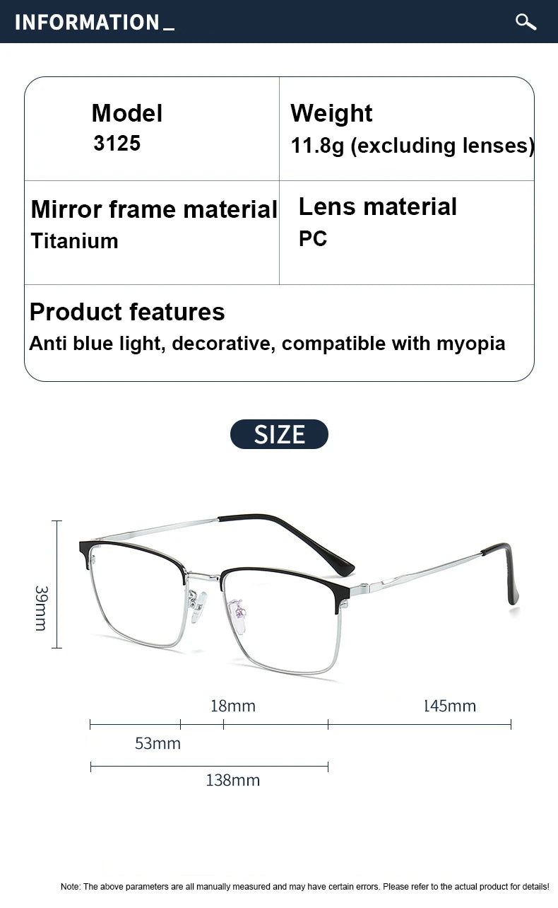 Men Prescription Glasses Optics Lenses  Reading Glasses Women Blue Light Blocking Myopia Eyewear Metal Titanium Eyeglasses Frame