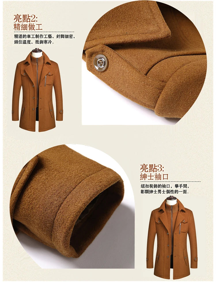 Men's Double Collar Wool Coat  Fashion Handsome Autumn Winter Business Style High Quality Middle-aged Men's Fashion Woolen Coat