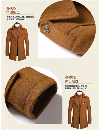 Men's Double Collar Wool Coat  Fashion Handsome Autumn Winter Business Style High Quality Middle-aged Men's Fashion Woolen Coat