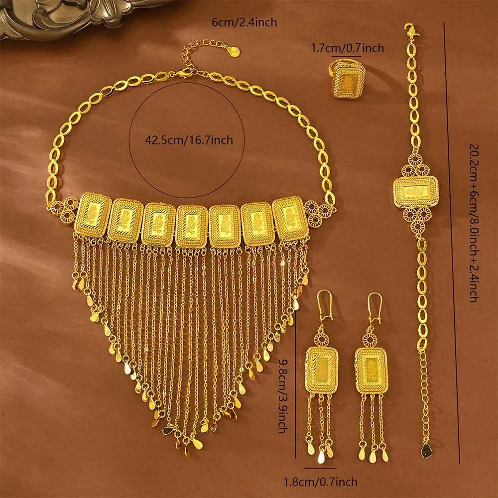 Earring Tassel Necklace Middle East 4pcs Jewelry Women Cuff Bangles with Ring Jewelry Dubai Fashion Set African Jewelry Wedding