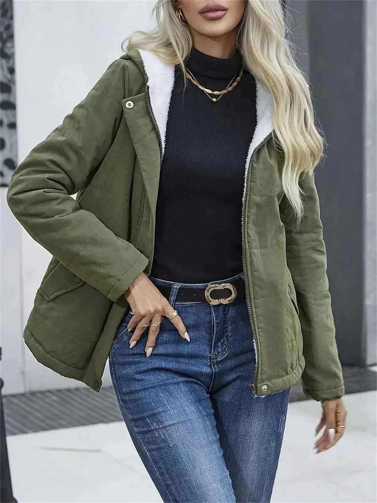 Women Autumn Winter Padded Coat Zip Up Long Sleeve Korean Hooded Jacket Fashion Solid Warm Clothes Casual Outfit Coats Street