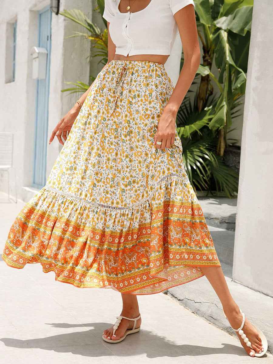 Women Long Skirt Elegant Elastic Waist Floral Flowy Summer Swing Skirt for Casual Daily