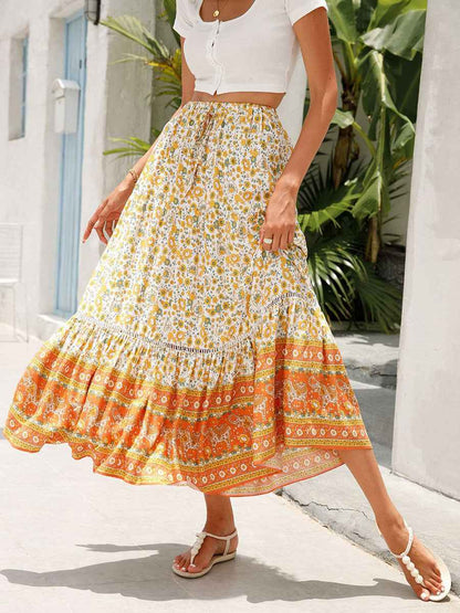Women Long Skirt Elegant Elastic Waist Floral Flowy Summer Swing Skirt for Casual Daily