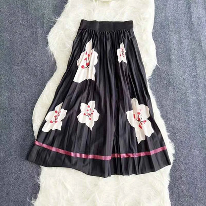 Autumn Skirts Womens New Vintage Floral Print Pleated Skirt Elastic High Waist Casual Midi Skirt Women Clothes Jupe