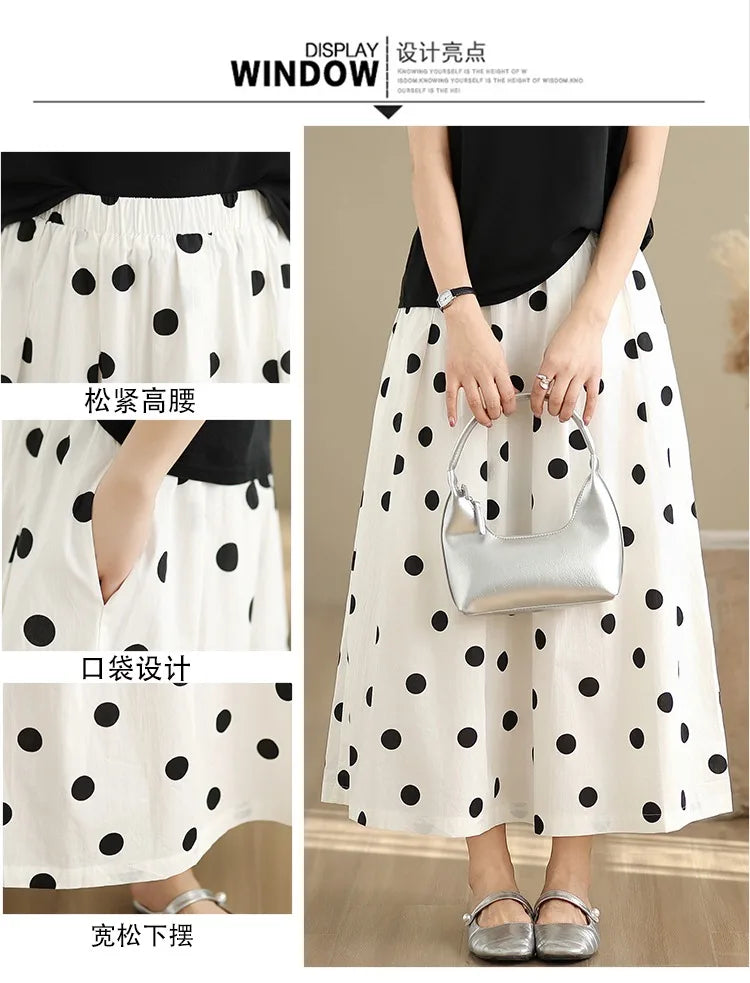 THHONE Summer Skirt Women 2025 High Waist Loose Fashion Vintage Dot Casual Korean Style Elegant A-line Skirts Women's Clothing
