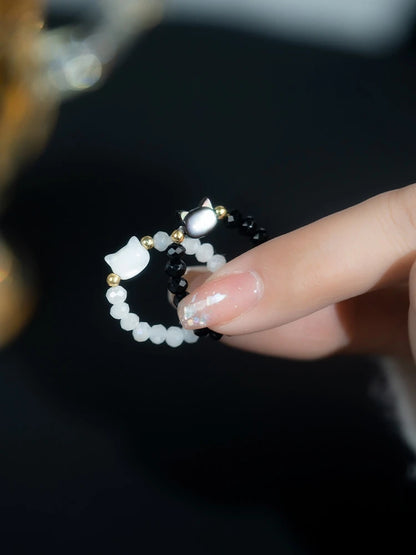 Natural Moonstone Obsidian Rings Beads Minimalist Fidget Ring Handmade Cute Black White Cat Ring Women Party Accessories Jewelry