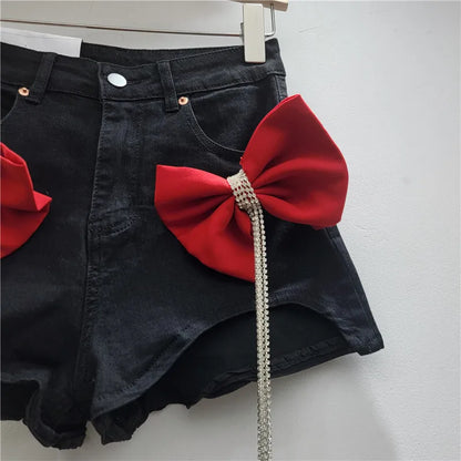 WTHT Trendy Women's Spliced 3D Bows Diamonds Tassel Denim Shorts 2025 Summer Trendy High Waist Hot Pants Female 1LS1367