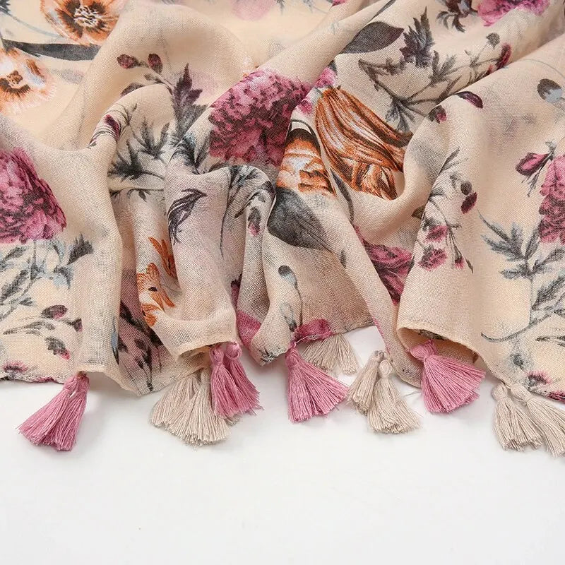 Fashion Printing Flower Tassel Shawl Cotton Viscose Scarf Women Beach Sunscreen Shawl Muslim Hijab Wrap Headscarf 180*90cm - AMULET RING STORE