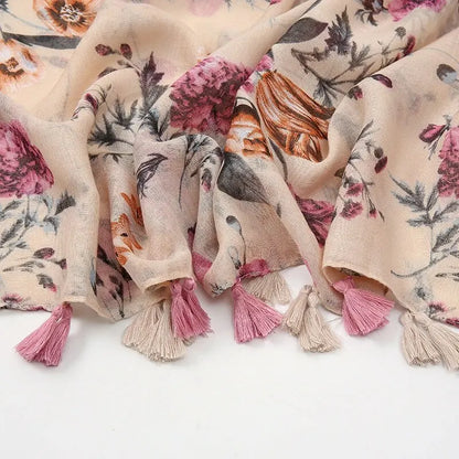 Fashion Printing Flower Tassel Shawl Cotton Viscose Scarf Women Beach Sunscreen Shawl Muslim Hijab Wrap Headscarf 180*90cm - AMULET RING STORE