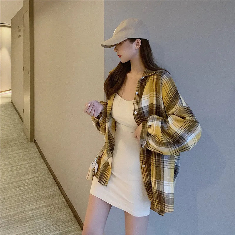 Plaid Shirt Women Spring Long Sleeve Top Female Vintage OL Fashion Single Breasted Blouse Ladies Preppy Style Loose Check Shirts