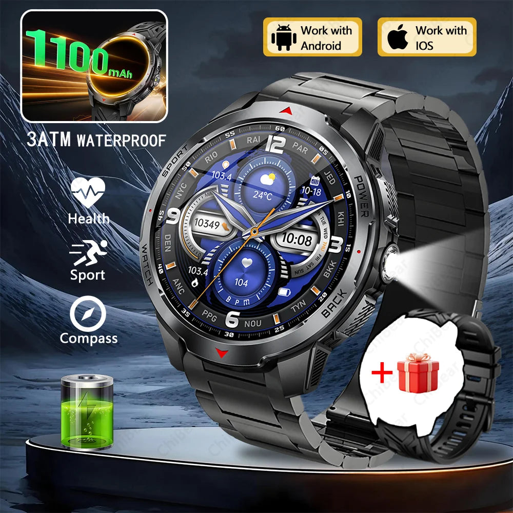 1100mAh Super Capacity Battery Military Outdoor Smart Watch Men 1.7inch Screen Compass Bluetooth Call 3ATM Waterproof SmartWatch